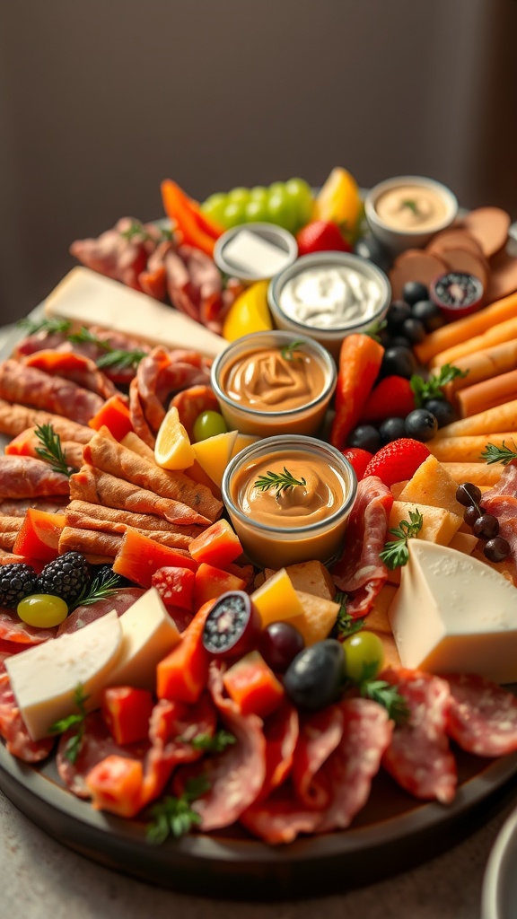 Chic appetizer platter with cheeses, cured meats, fruits, and dips on a wooden board.